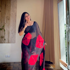 Black Red Floral Premium Silk Saree