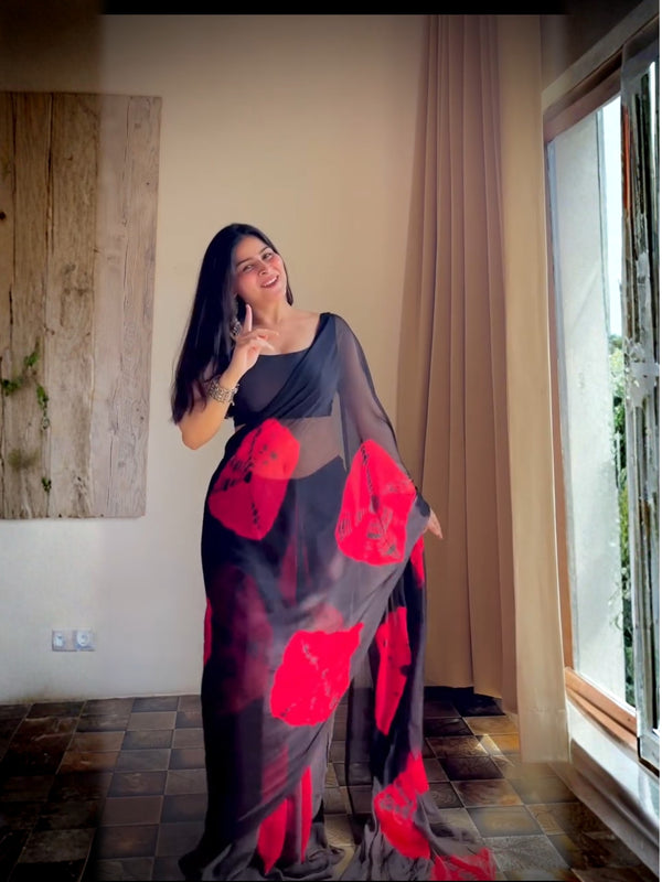 Black Red Floral Premium Silk Saree