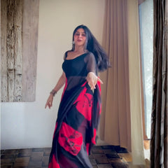 Black Red Floral Premium Silk Saree