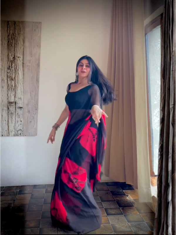 Black Red Floral Premium Silk Saree