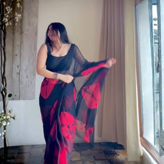 Black Red Floral Premium Silk Saree