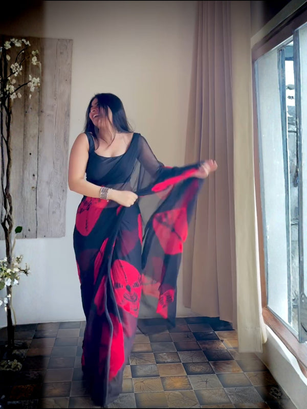 Black Red Floral Premium Silk Saree