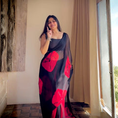 Black Red Floral Premium Silk Saree