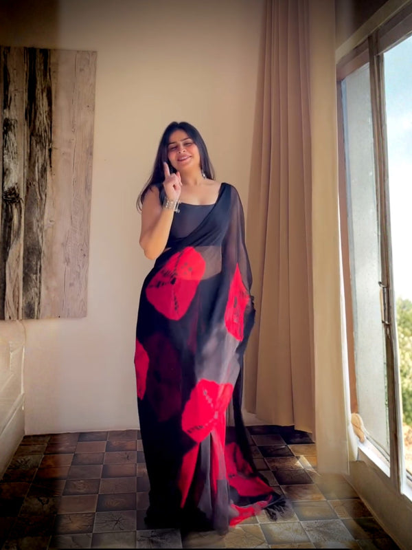 Black Red Floral Premium Silk Saree