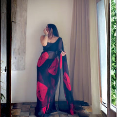 Black Red Floral Premium Silk Saree