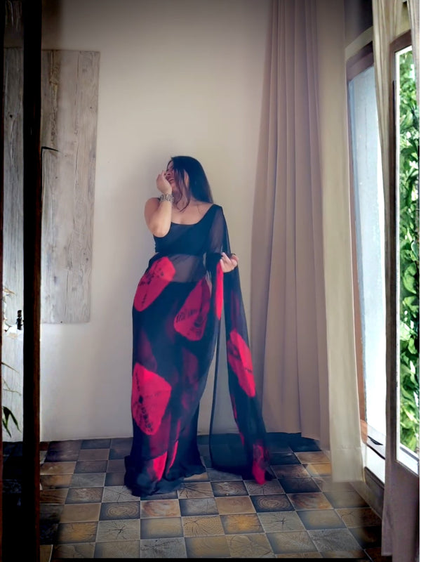 Black Red Floral Premium Silk Saree
