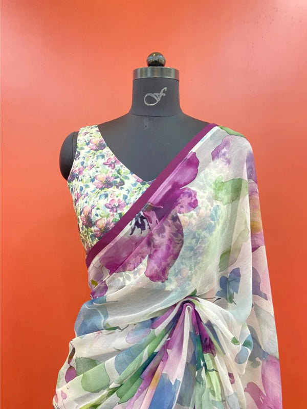 Dreamy Floral Essence - Pure Viscose Chiffon Saree