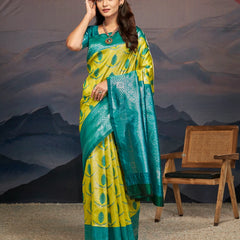 Emerald Green Yellow Silk Saree