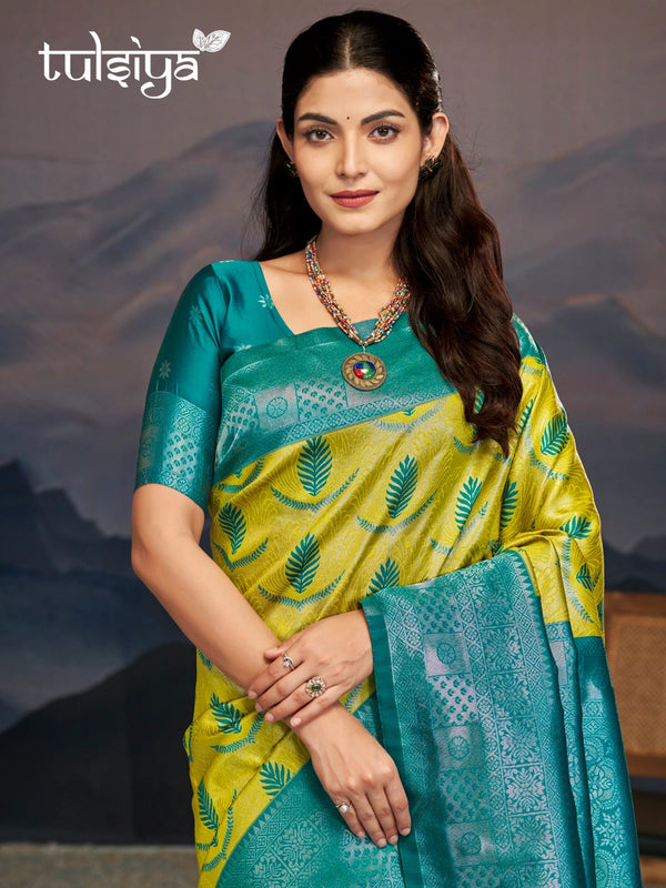 Emerald Green Yellow Silk Saree