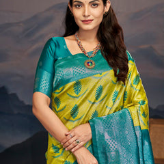 Emerald Green Yellow Silk Saree