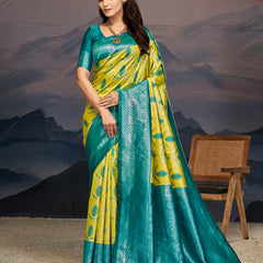 Emerald Green Yellow Silk Saree