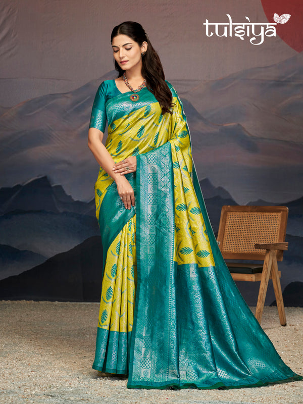 Emerald Green Yellow Silk Saree