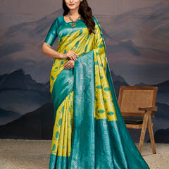 Emerald Green Yellow Silk Saree