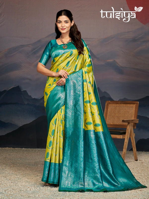 Emerald Green Yellow Silk Saree