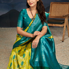 Emerald Green Yellow Silk Saree