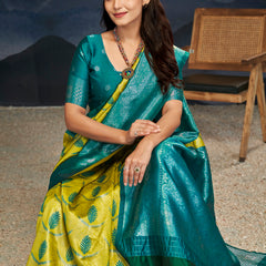 Emerald Green Yellow Silk Saree