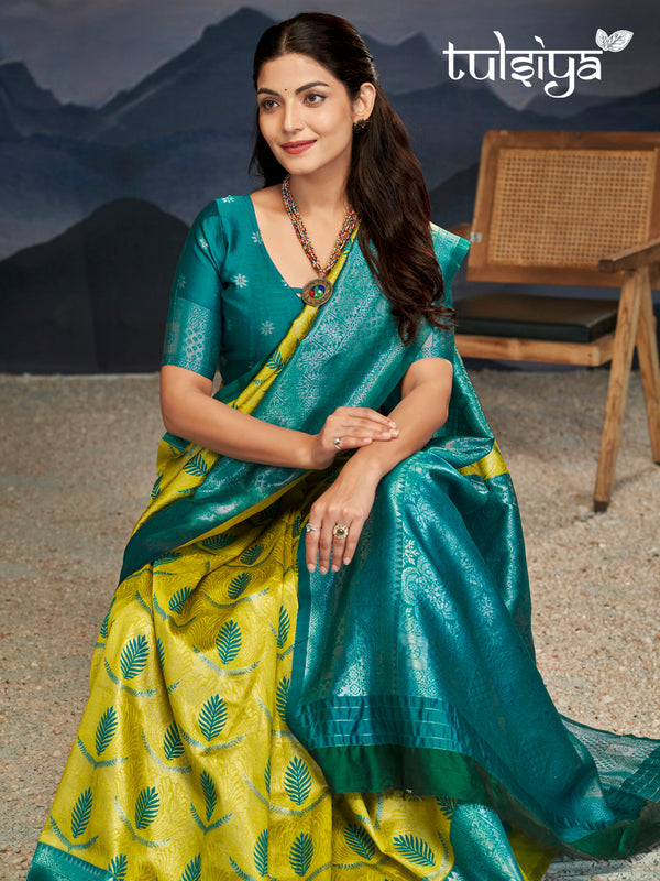 Emerald Green Yellow Silk Saree