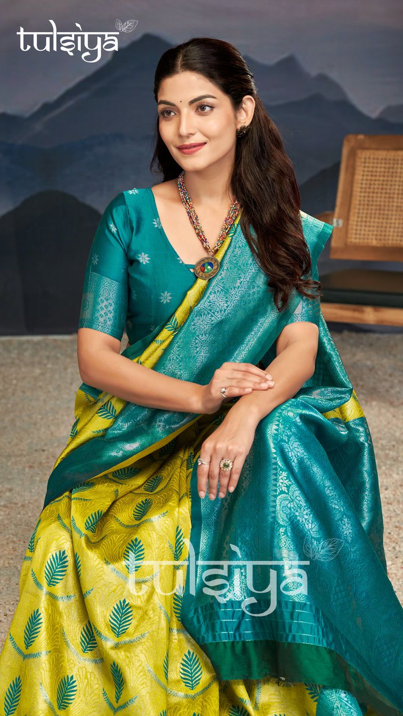 Emerald Green Yellow Silk Saree