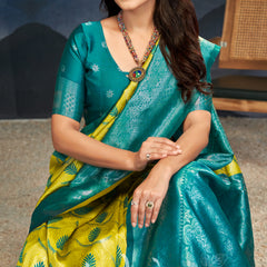Emerald Green Yellow Silk Saree