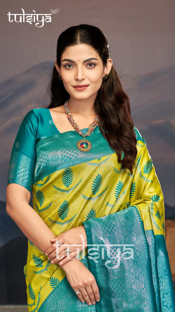 Emerald Green Yellow Silk Saree