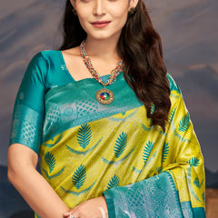 Emerald Green Yellow Silk Saree