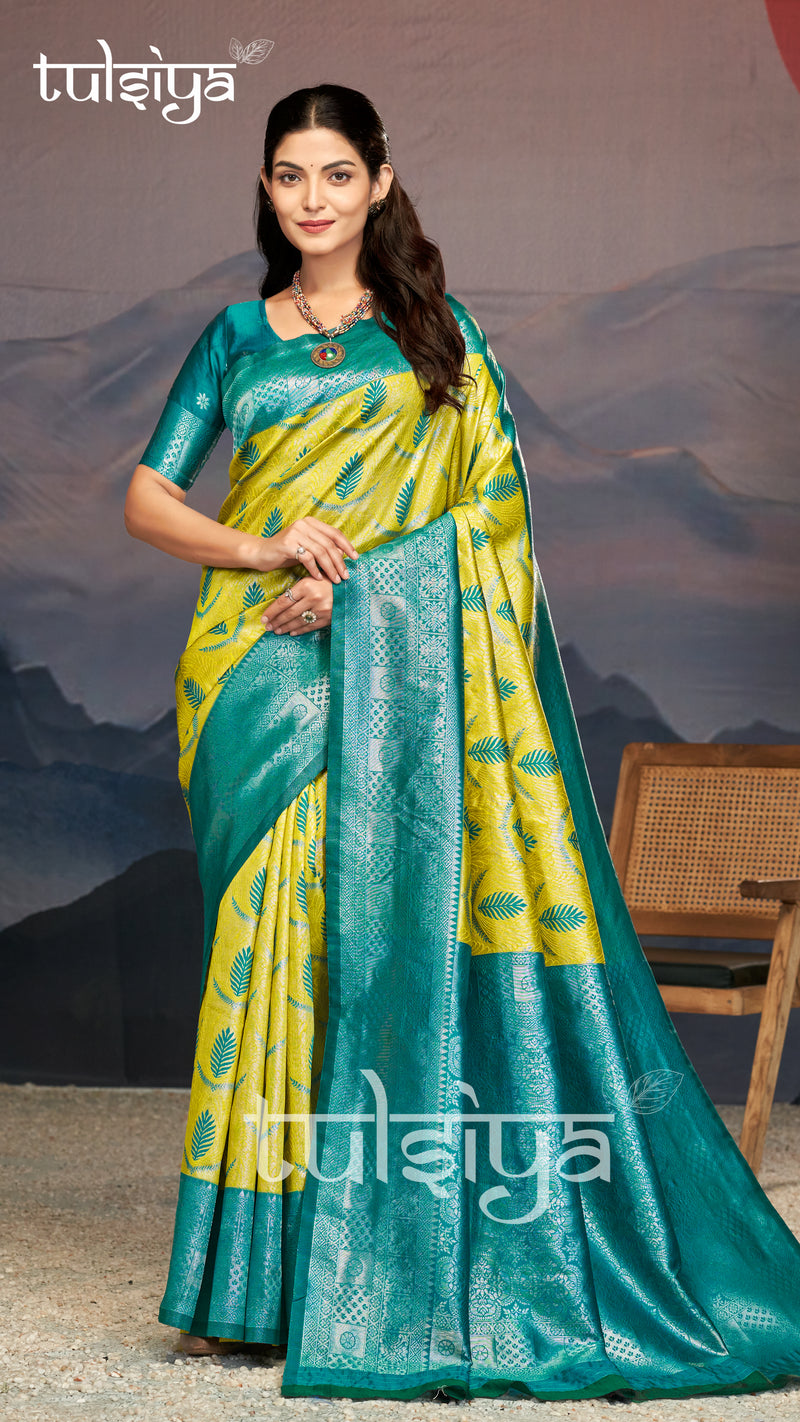 Emerald Green Yellow Silk Saree