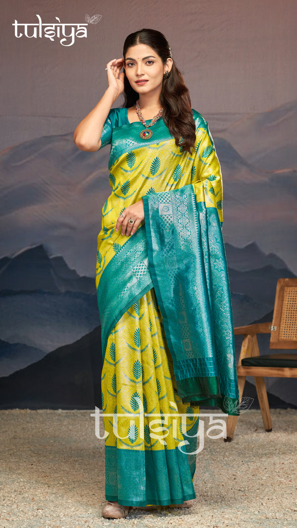 Emerald Green Yellow Silk Saree