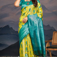 Emerald Green Yellow Silk Saree