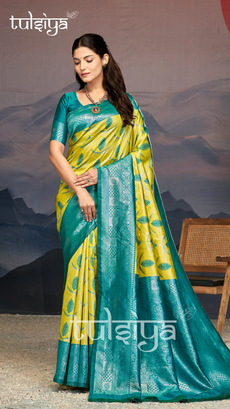 Emerald Green Yellow Silk Saree