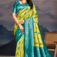 Emerald Green Yellow Silk Saree
