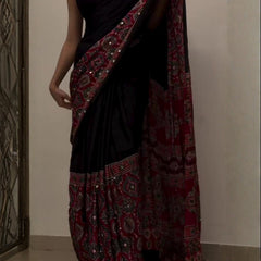 Mahira Red Ajrakh Saree along real mirrors with unstitched blouse
