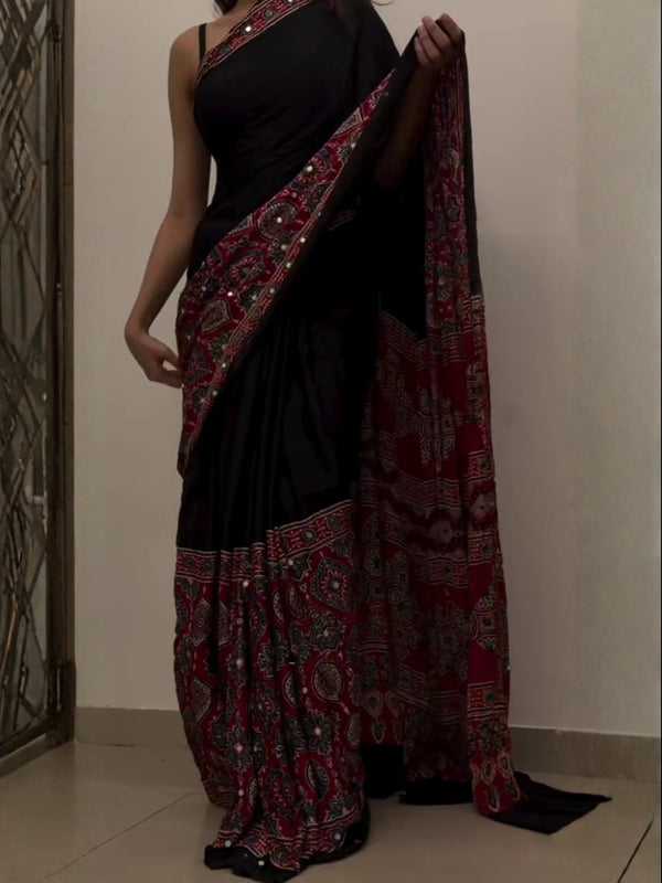 Mahira Red Ajrakh Saree along real mirrors with unstitched blouse