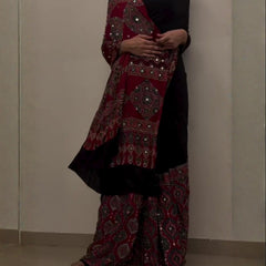 Mahira Red Ajrakh Saree along real mirrors with unstitched blouse