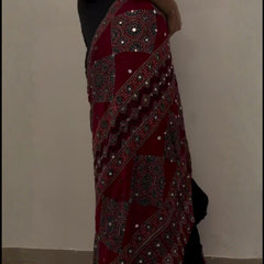 Mahira Red Ajrakh Saree along real mirrors with unstitched blouse