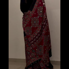Mahira Red Ajrakh Saree along real mirrors with unstitched blouse