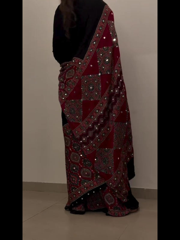 Mahira Red Ajrakh Saree along real mirrors with unstitched blouse